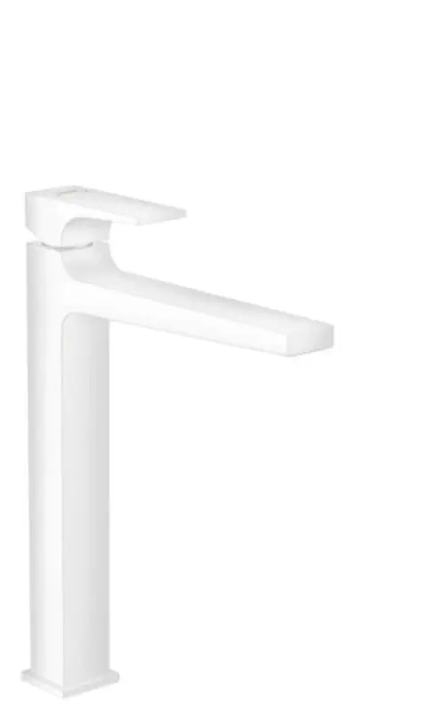 Einhebel-Waschtischmischer in Mattweiß von Hansgrohe mit flachem Hebelgriff, geeignet für Aufsatzwaschtische und ausgestattet mit einer Push-Open Ablaufgarnitur.